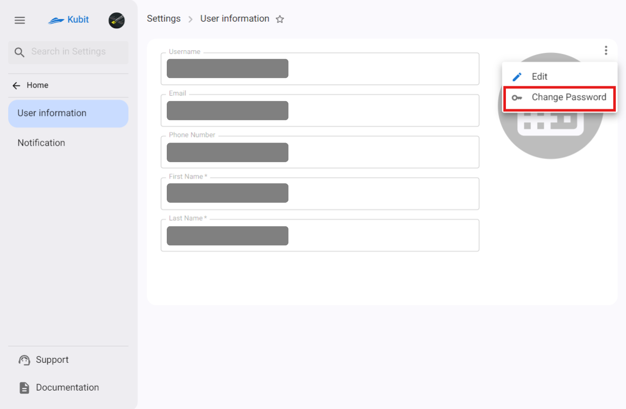 Profile: change password btn