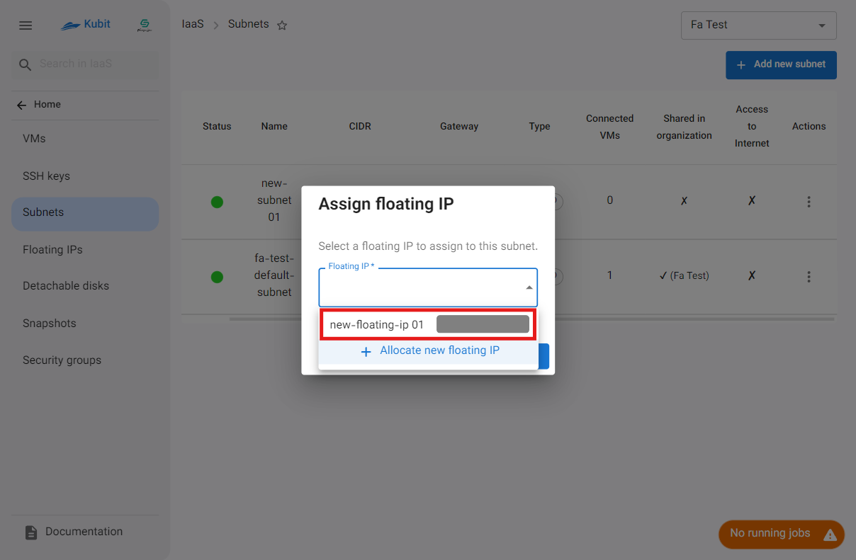 Subnets: select floating ip