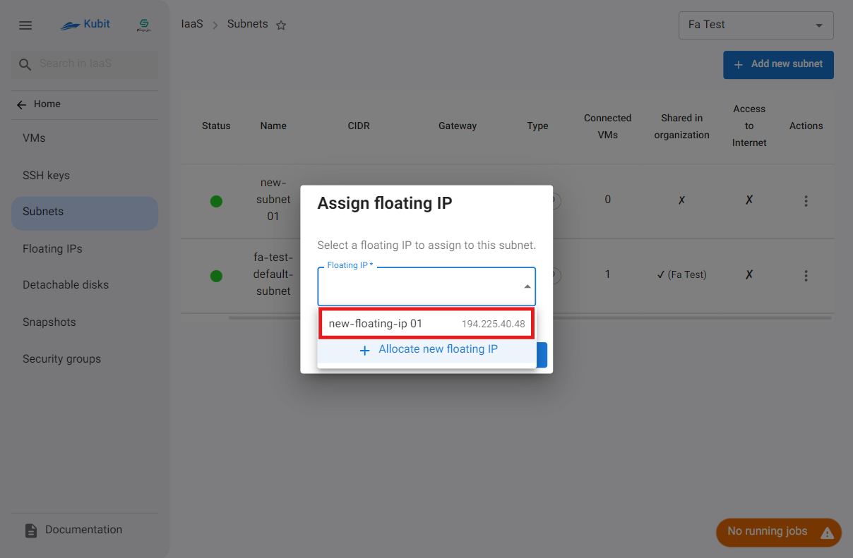 Subnets: select floating ip